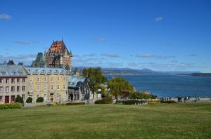 View of the St Lawrence river and Chateau Frontenac from the Plains of Abraham in Quebec